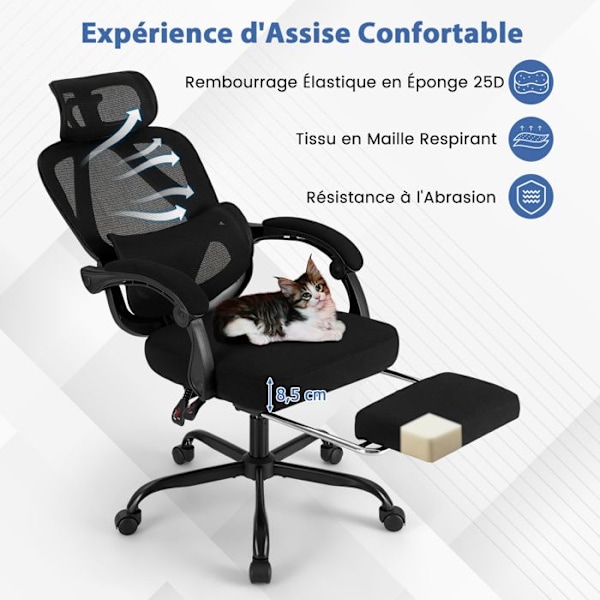 COSTWAY Ergonomisk Kontorstol - Høj Mesh Ryglæn med 135° Tilt, Retractable Fodstøtte, Justerbar Lændestøtte