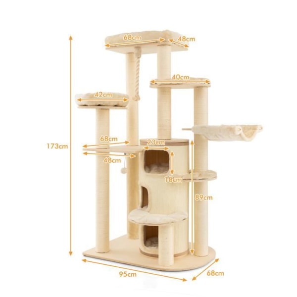 COSTWAY Stort kattträd 173 cm - 3 lägenheter, 2 sittpinnar, hängmatta - Katttorn - Skrapstolpe Sisalstolpar, Spring Ball - Beige