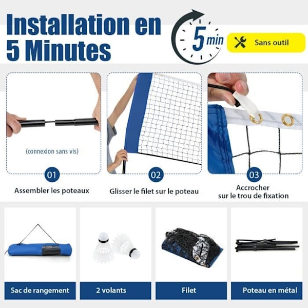 COSTWAY bærbart badmintonnet 420 x 102 x 89-155 cm - Justerbar højde - 2 fjerbolde - Lavet af PE - 5 minutters installation - Opbevaringspose Mörkblå