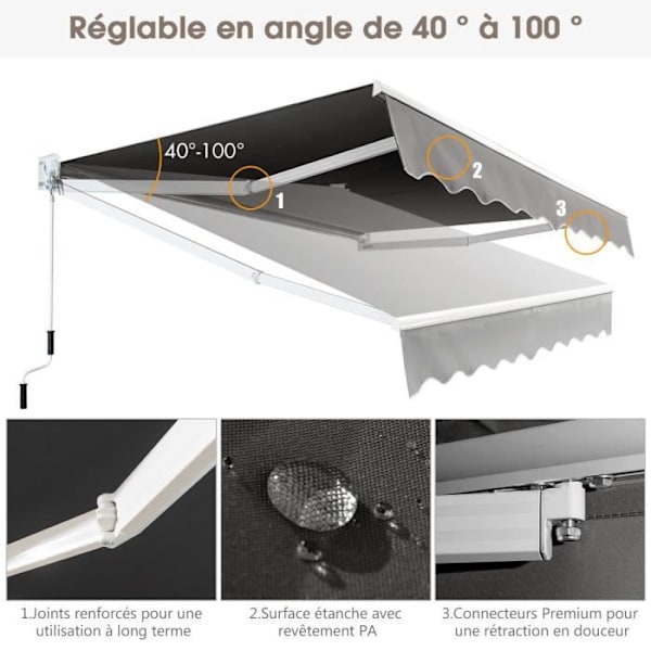 COSTWAY Manuel Udstedning 295x250CM Justerbar Vinkel 40°-100° uden Boring i Metal og Stof til Vindue/Balkon/Have Grå
