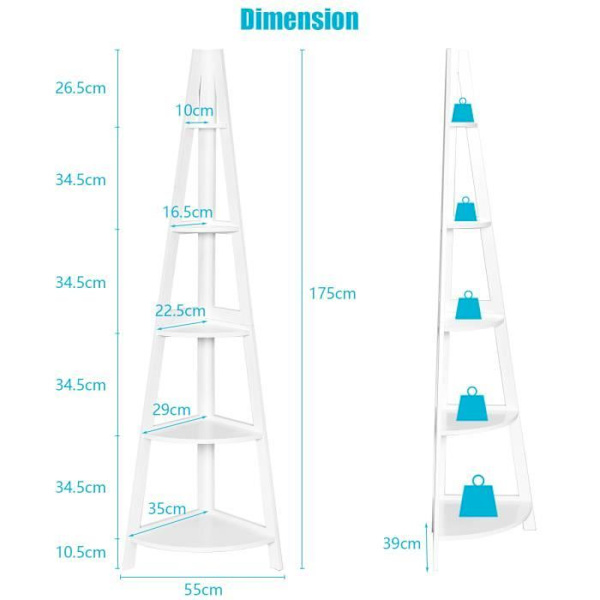 COSTWAY Moderne 5-lags hjørnehylde, 50 x 39 x 175 CM, reol/stigehylde til stue, soveværelse, kontor, hvid Vit