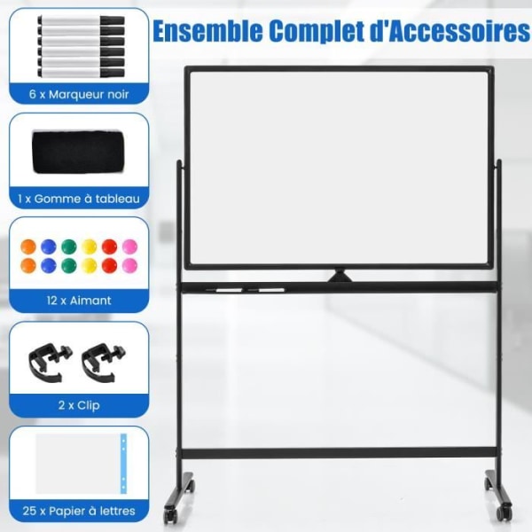COSTWAY Magnetisk tavle 120 x 80 cm Dobbeltsidet vendbar tørsletning 2 justerbar højde 4 mobile hjul Sort
