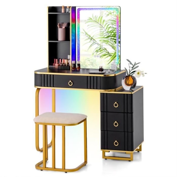 COSTWAY Sminkbord med spegel och pall - RGB LED-ljus, trådlös laddare, USB, Type-C, Fjärrkontroll - Metallram i guld