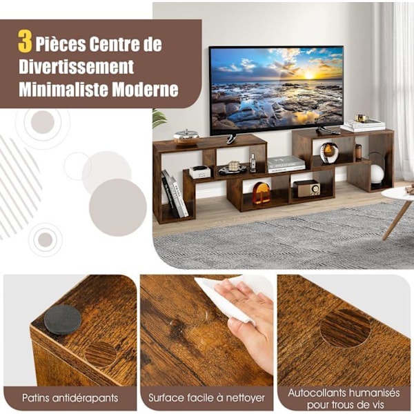 COSTWAY 65" TV-möbel i 3 delar, modulär bokhylla för vardagsrum, sovrum, TV-möbel i trä, 135x30x43cm, brun