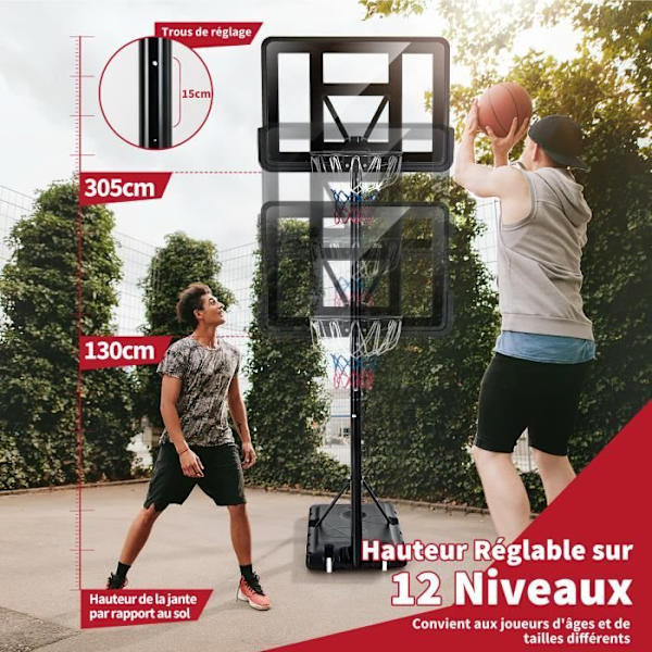 COSTWAY Fristående basketbåge 130-305 cm justerbar höjd med nylonnät, okrossbar ryggbräda, 2 hjul metallstång