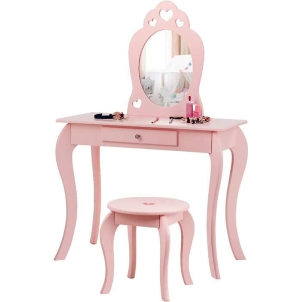 COSTWAY toalettbord för barn med spegel, inklusive sminkbord och pall, avtagbar skiva, rosa