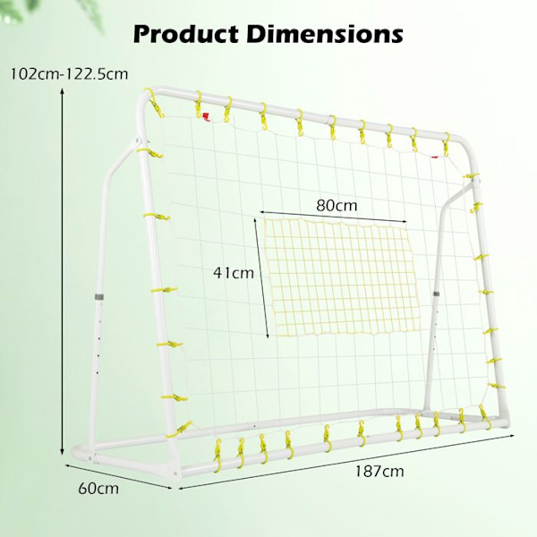 COSTWAY Børnefodbold Rebound Net-2 i 1-187 x 60 x 122,5 cm-5 Vinkler Justerbar-Metalramme-Fodboldtræning-Hvid