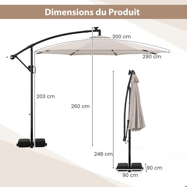 Parasol Deporter 3M med Base 96 LEDs - COSTWAY - Solbeskyttelse - Tipping Rotation 360° - 2 Sandposer - 8 Stænger Beige