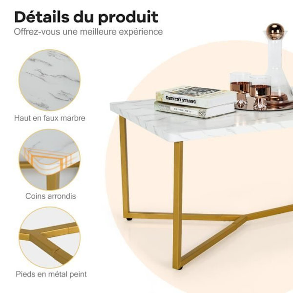 COSTWAY soffbord med marmortryck 107 x 60 x 45,5 CM (L x B x H) Modernt guldmetallunderrede med justerbara glider för vardagsrummet Vitt, grått och guld