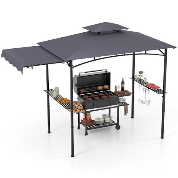 Grillikatoksen 318x153cm COSTWAY-Sivukatoksella-Kaksikerroksinen Kattosysteemi-2 Sivuhyllyä-Ripustuskoukut-Pullonavaaja Harmaana