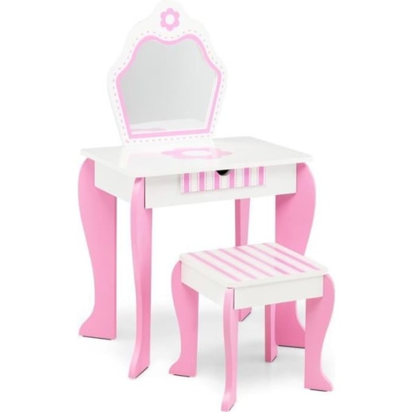 COSTWAY Sminkbord för barn med spegel och träpall - Princess Style Present för tjejer Rosa