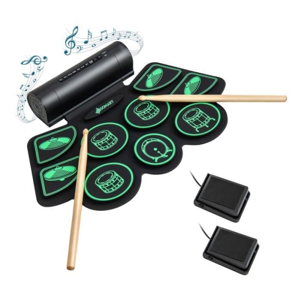 COSTWAY bärbart elektroniskt trumset, 9 pads, MIDI-funktion, 2 stereohögtalare, 2 pedaler, 2 trumpinnar, 7 rytmer, 4 delar, grön