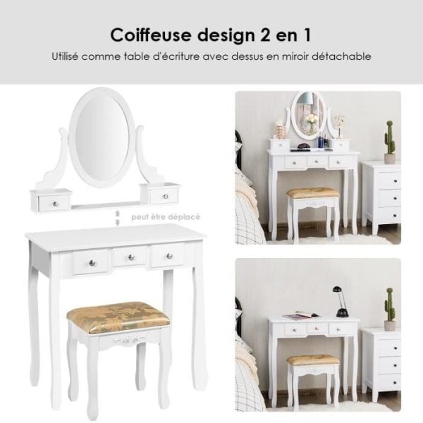 COSTWAY Sminkbord med sminkbord med 360° vridbar oval spegel, 5 lådor målad finish och stoppad pall