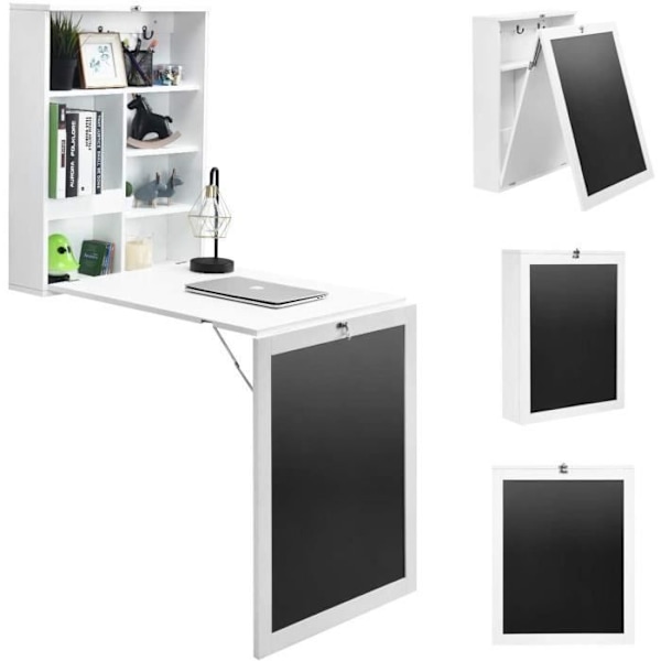 COSTWAY kokoontaitettava pöytä taitettava seinäpöytä hyllyllä ja muistiotaululla 75x15,8x60,1cm olohuoneeseen, ruokasaliin, toimistoon valkoinen