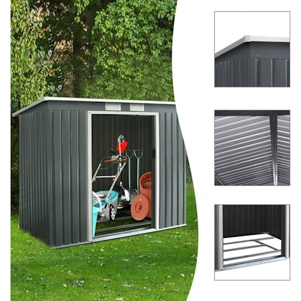 Trädgårdsskjul i metall Galvaniserad plåt verktygsskjul med skjutdörr och två ventilationsfönster 213 x 130 x 173 cm
