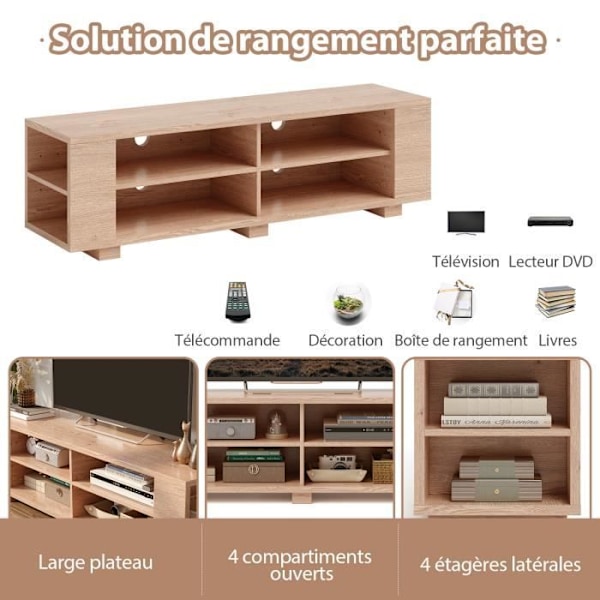 COSTWAY 65" tv-stativ med 4 rum, justerbare hylder, 4 kabelføringshuller, stue, soveværelse, 150x39x45 cm Natural