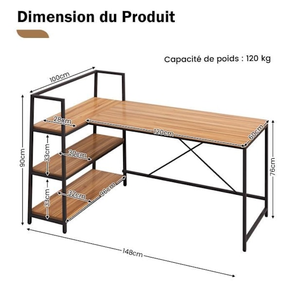 COSTWAY Hjørnecomputerbord 148 x 100 x 90 cm, med åbne opbevaringshylder, Vendbar, Maks. 120 kg, Valnød Valnöt