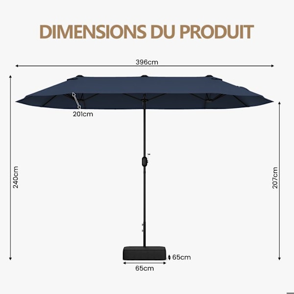 COSTWAY Parasoll Dobbelt Have Rektangulær 396 x 201 x 240cm - Vægtet Base, 12 Metalspidser, til Terrasse Blå
