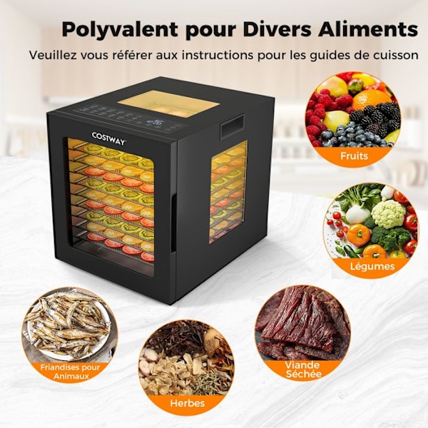 COSTWAY Fødevare Dehydrator - Tørreapparat med 10 Hylder i Rustfrit Stål - 10 Forudindstillede Programmer - 48 Timer Timer - Temperatur 30-75℃