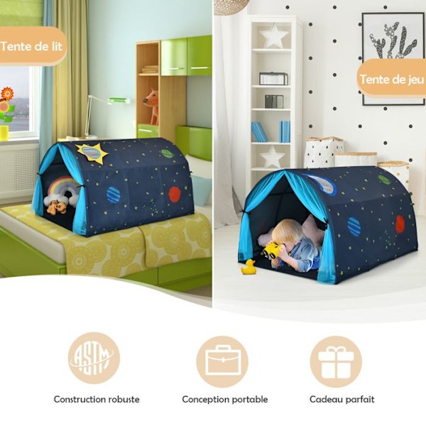 Børnetelt COSTWAY - Aktivt tunneltelt - Vindue - Dobbelt net gardin - Opbevaringslomme - Transporttaske - 144x102x82 CM - Blå Blå
