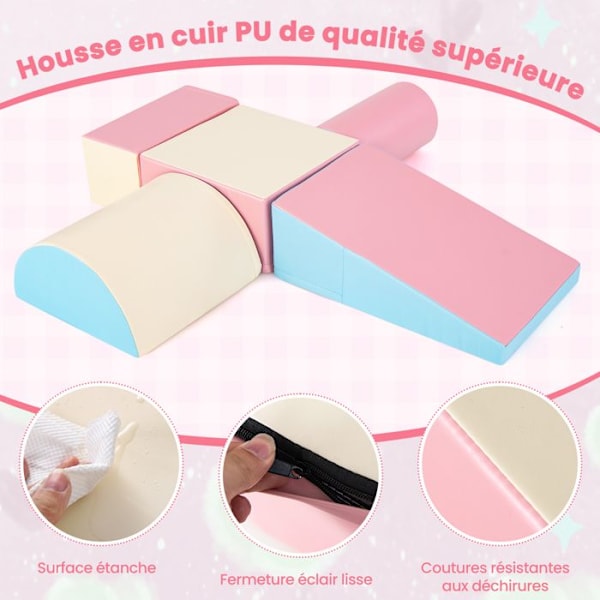 5PCs Moduler av motorisk skum stora XL COSTWAY - byggklossar med programvara med överdrag för barn 9 månader - 3 år - Rosa Flerfärgad