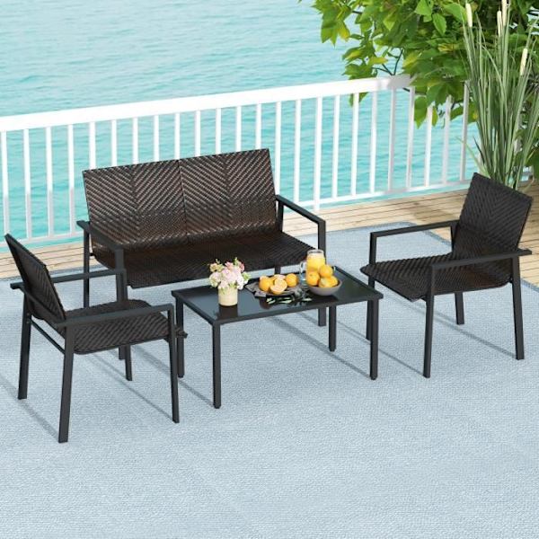 COSTWAY 4-delad flätad trädgård soffbord och stolar set, utemöbler set för balkong terrass innergård, brun kastanj