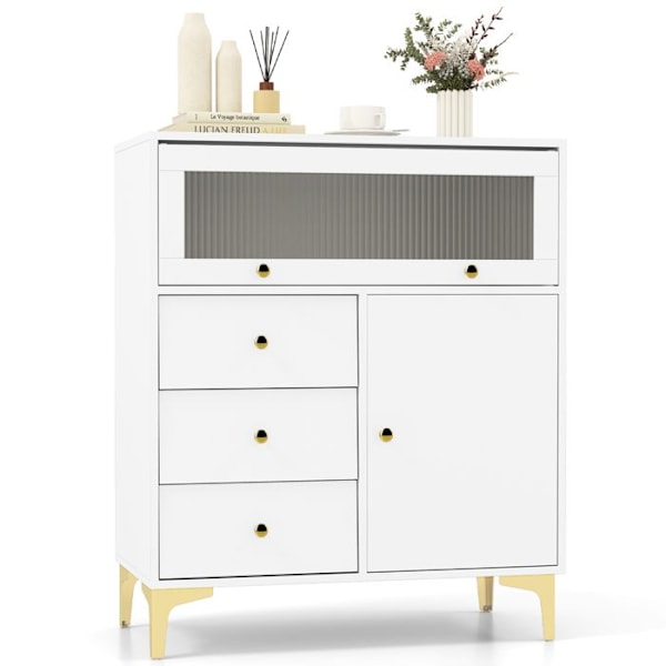 COSTWAY Kommode med Snoet Glasdør og 3 Skuffer, til Soveværelse, Stue, 80x40x95,5 cm, Hvid Vit
