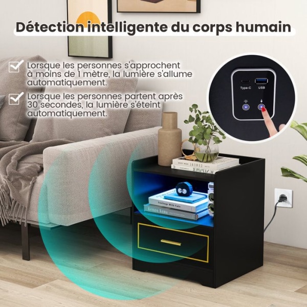 COSTWAY LED sengebord med 1 TYPE-C + 1 USB, 3 lysfarver, Smart Sensor, 45 x 40 x 50 cm, Sort Vit