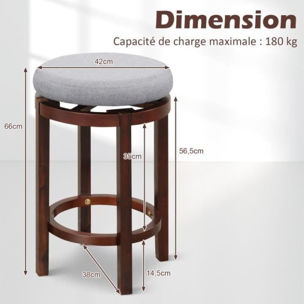 COSTWAY 2 pyöreän baarijakkaran setti 360° kääntyvä, halk. 42 x 66 cm, pehmustettu istuin, kantavuus 180 kg, klassinen muotoilu, harmaa Grå