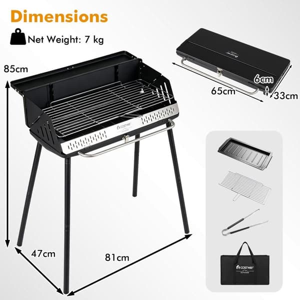 COSTWAY Kulgrill til Udendørs med Justerbar Grillrist i 2 Niveauer til Picnic Camping Sort