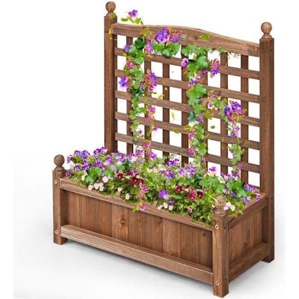 COSTWAY Planteringslåda med träspaljé 64,5 x 28 x 75 cm Rektangulär blomsterlåda med dräneringshål för uteplats