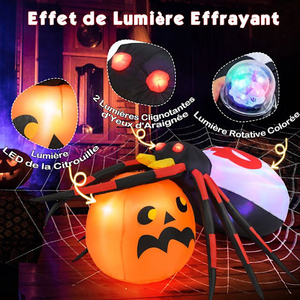 COSTWAY oppusteligt edderkoppegræskar 150x140 cm, LED oppusteligt græskar Halloween dekoration med farverigt roterende lys