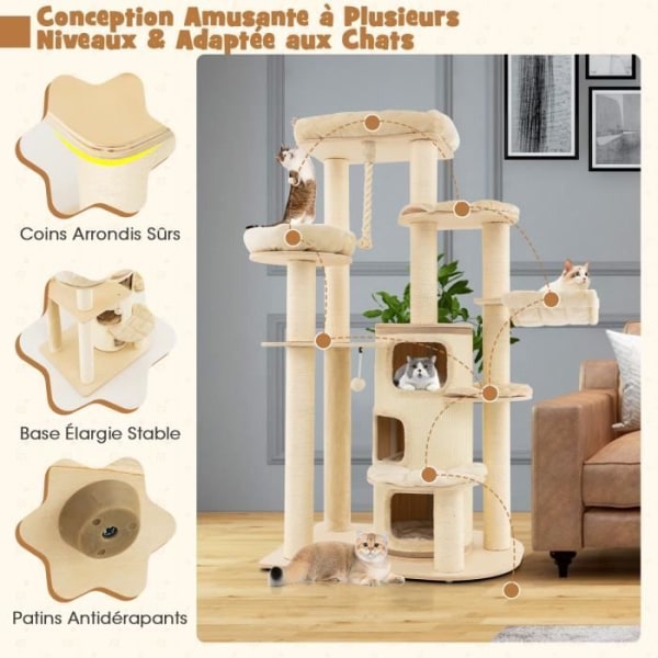 COSTWAY suuri kissapuu 173 cm - 3 asuntoa, 2 ahventa, riippumatto - Cat Tower - raaputustolppa Sisal pylväät, kevätpallo - beige