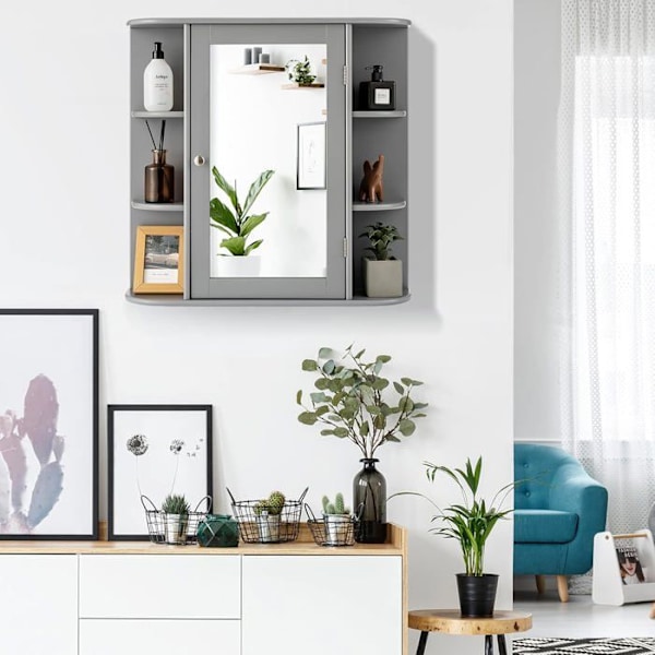 COSTWAY Kylpyhuoneen seinäkaappi peilillä WC-säilytys ovella ja 6 hyllyllä 65 x 16,5 x 63 CM harmaa Grå