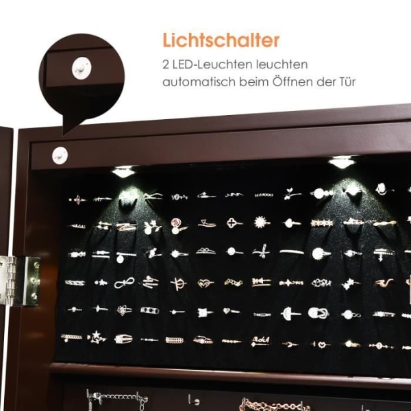 COSTWAY Smyckesskåp med LED-lampor inuti, krokar, spegel och lådor, för daglig makeup och smycken, 37 x 9,5 x 108 cm, brun