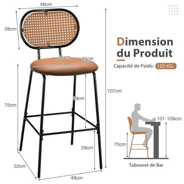 COSTWAY barstole sæt med 2, PE rattan ryg, PU læder sæde - 75 cm høj, vintage og naturlig stil