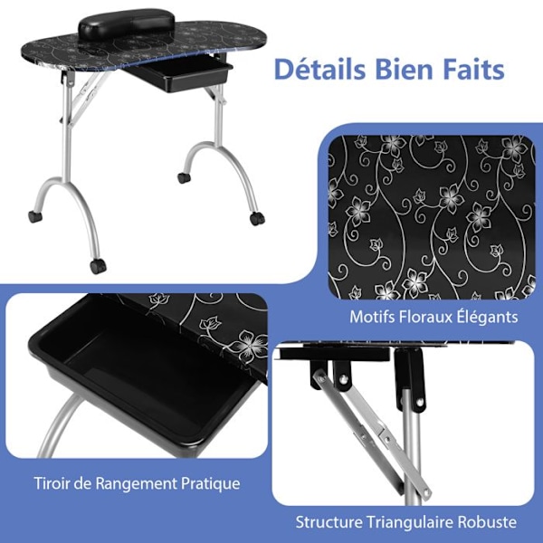 Foldbar Manicure Bord med Rullende Hjul - COSTWAY - Skuff - Wrist Pad - 90 x 37 x 68 cm Sort