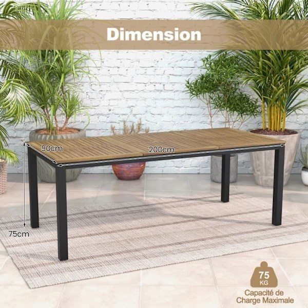 COSTWAY FSC Akasiapuu ulko dining -pöytä - 8 henkilöä, aurinkovarjon reikä, säädettävät jalat - 200 x 90 x 75 cm
