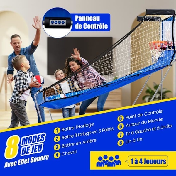 COSTWAY Foldbart arkadebasketballspil - Dobbeltskud - 8 spiltilstande - Elektronisk lydscore - 4 bolde, pumpe - 4 spillere Blå + Hvid Blå+vit