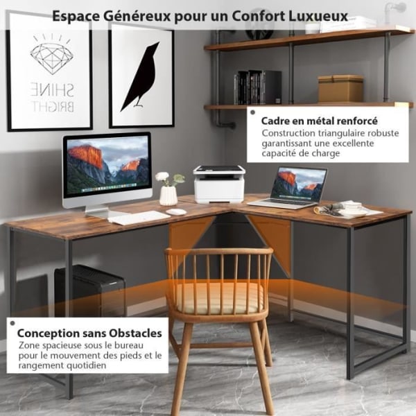 COSTWAY L-formet hjørnecomputerbord, industrielt computerbord med forstærket metalstel, 148 x120 x75 cm, brun