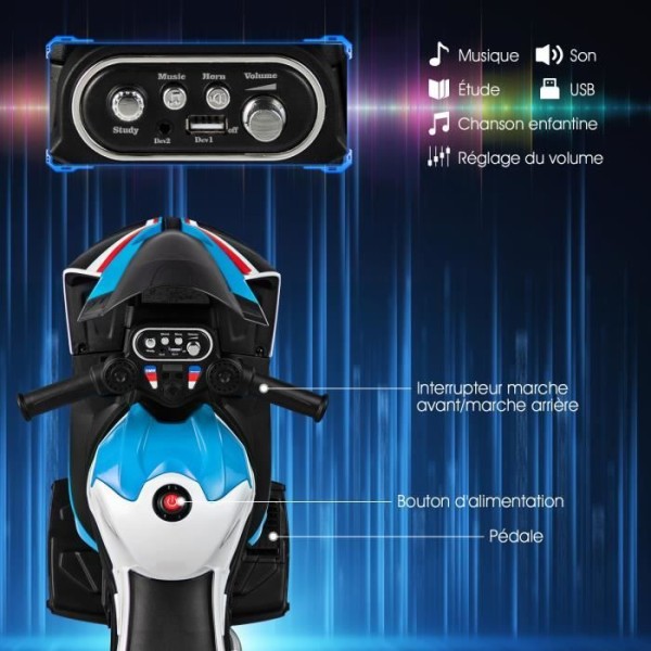 BMW elmotorcykel för barn från COSTWAY - Blå - 3-8 år - Ljusstark strålkastare - USB-musik - 3 hjul