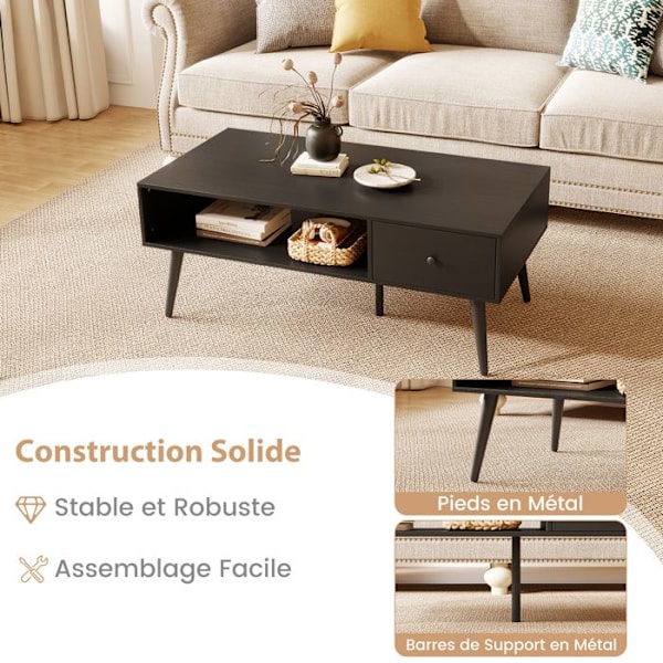 Rektangulær COSTWAY Sofabord, 1 Skuffe og Åben Opbevaringshylde, Stuebord 109 x 55 cm, til Kontorværelse, Sort Svart