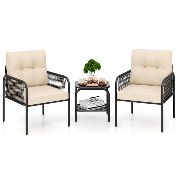 COSTWAY Glasbord og 2 Havestole, 3-delt Rattan PE Patiosæt med Hynder