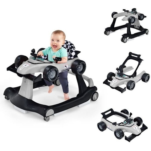 COSTWAY Musical Foldbar Baby Walker 4 i 1 biludseende pusher Justerbar højde og hastighed med lysegråt rat Grå och svart