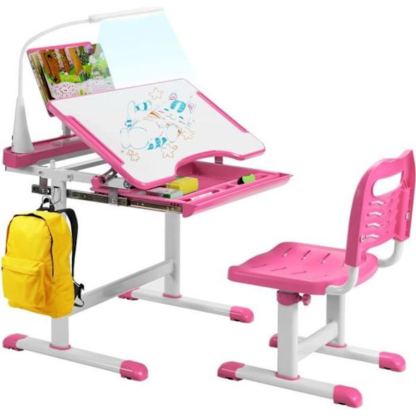 COSTWAY Børneskrivebord og stolesæt med LED-belysning, vippet top og skydeskuffe, højdejusterbar, Pink Rosa