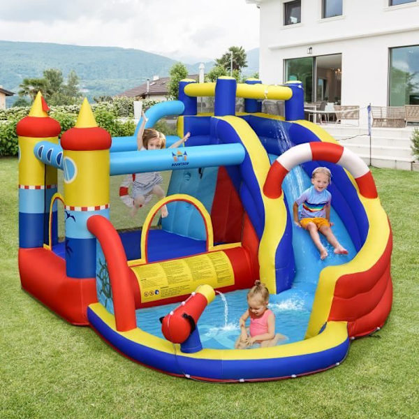 COSTWAY Vedenalainen Inflatable 6 in 1 Kaarreliukumäki Splash Pool Pelitavoite ja Vesitykki ilman Ilmapumppua Lapsille Blå, gul och röd