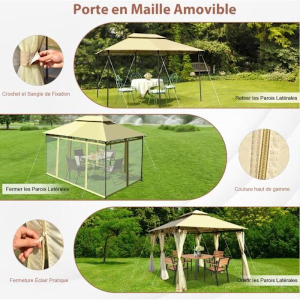 COSTWAY Barnum Pergola Gazebo 3,9 x 2,9 x 2,7 M-Aftageligt myggenet-6 vægge-Dobbelttag-Markise Polyesterstof-Beige Beige