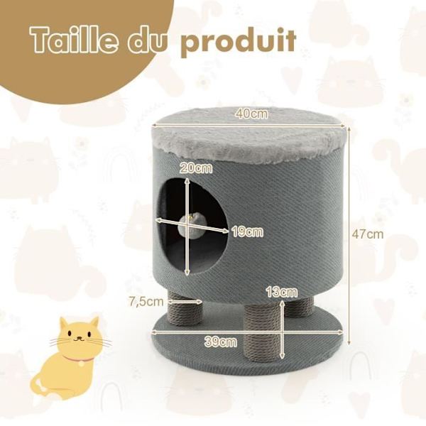 COSTWAY Cat Tree 47 CM, asunto ja raaputustolpat, kuorma 60 kg, leikkitorni kissoille pehmopallolla, harmaa