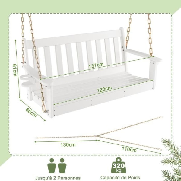 2-istuttava ripustuspenkki 120 x 46 cm HDPE COSTWAY - Piilotettu kupinpidike - Säädettävät ruosteenestoketjut - 320 kg - Valkoinen