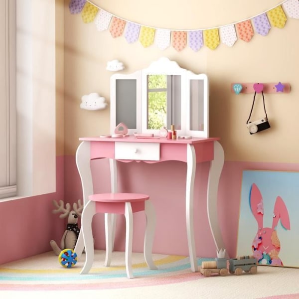 COSTWAY toalettbord för barn med pall och avtagbar 3-faldig spegel, sminkbord med låda och anti-tilt-enhet